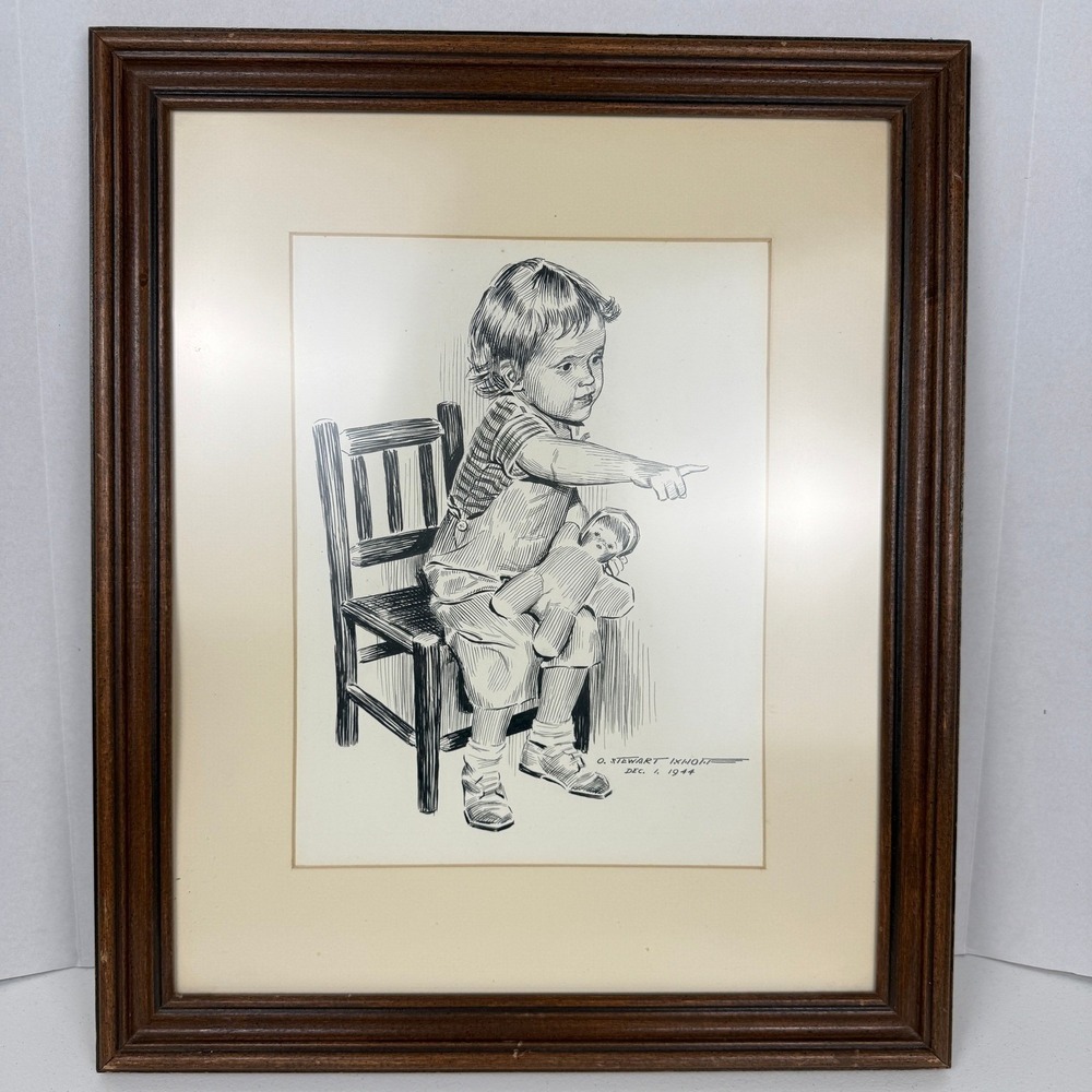 Vintage 1940s Child Sketch‎ Framed Art Boy Drawing Nursery Kids Room Decor 17x20